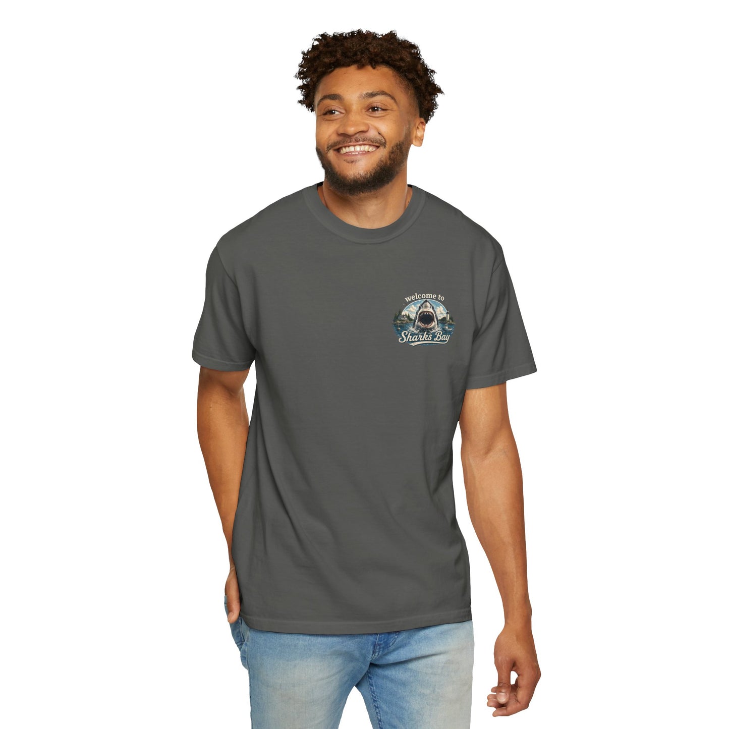 Sharks Bay T-Shirt — "Welcome to Sharks Bay" Vintage Shark Graphic Tee