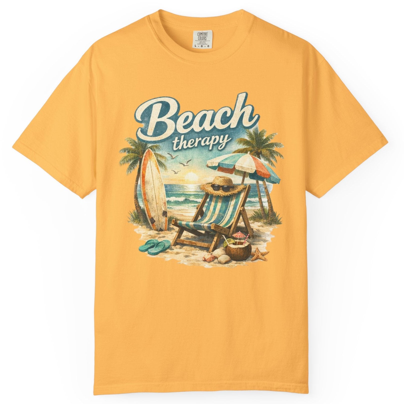 Mellon t-shirt with 'Beach therapy' graphic design on a white background