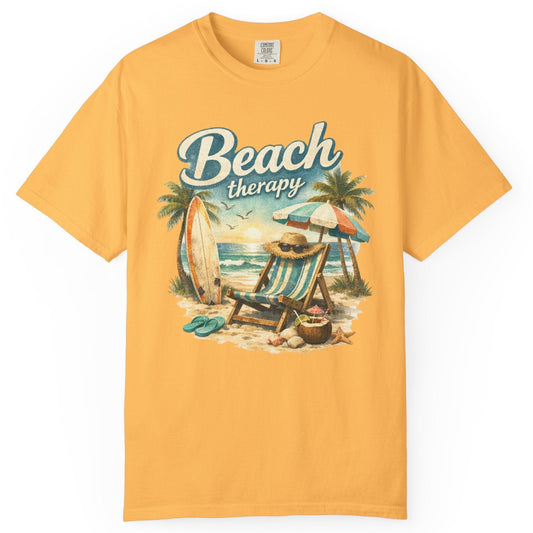 Mellon t-shirt with 'Beach therapy' graphic design on a white background