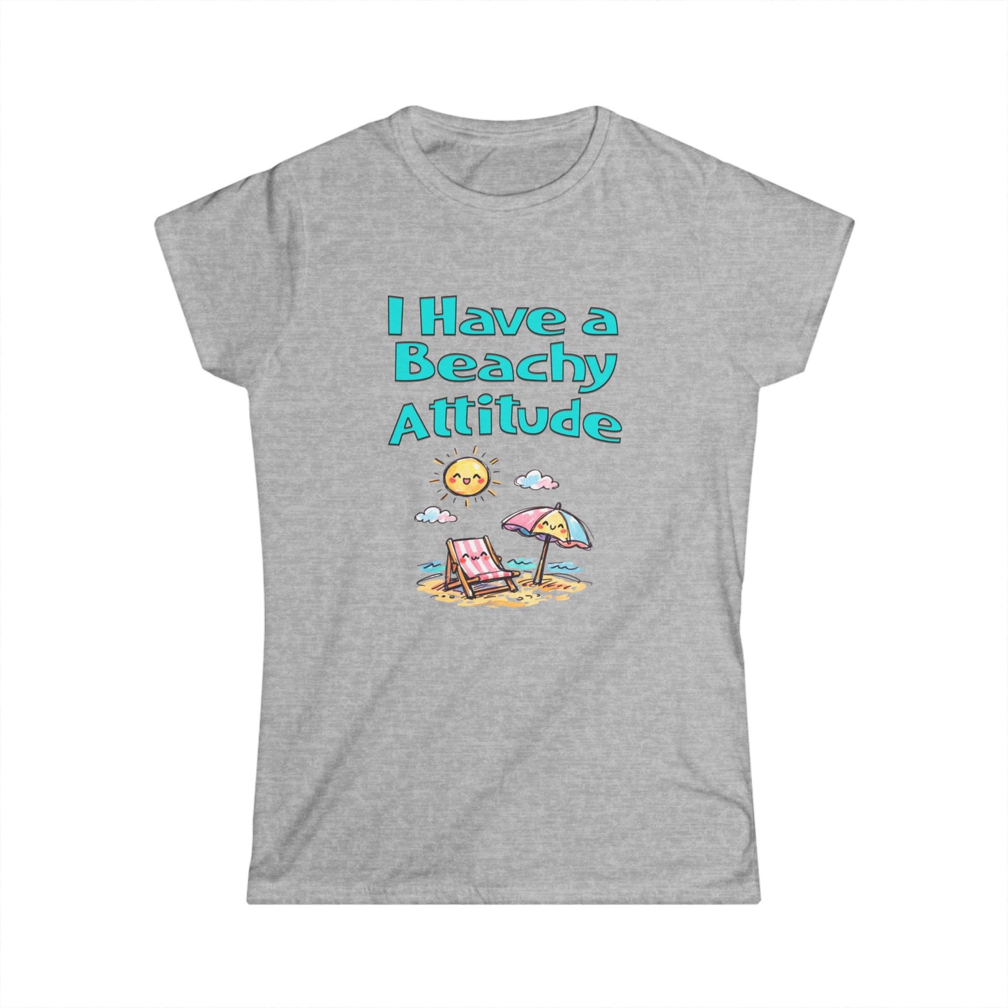 Gray t-shirt with 'I Have a Beachy Attitude' text and beach graphics on a white background