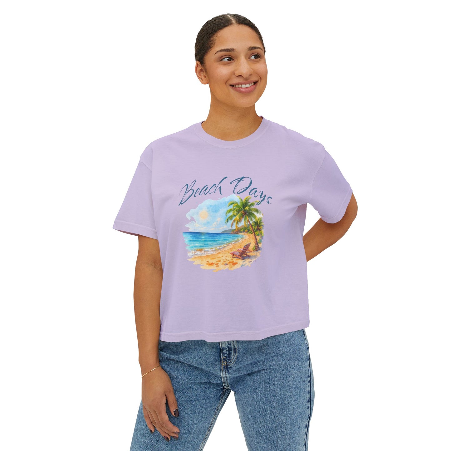 Beach Days Boxy Tee — Tropical Palm Beach Graphic for Women