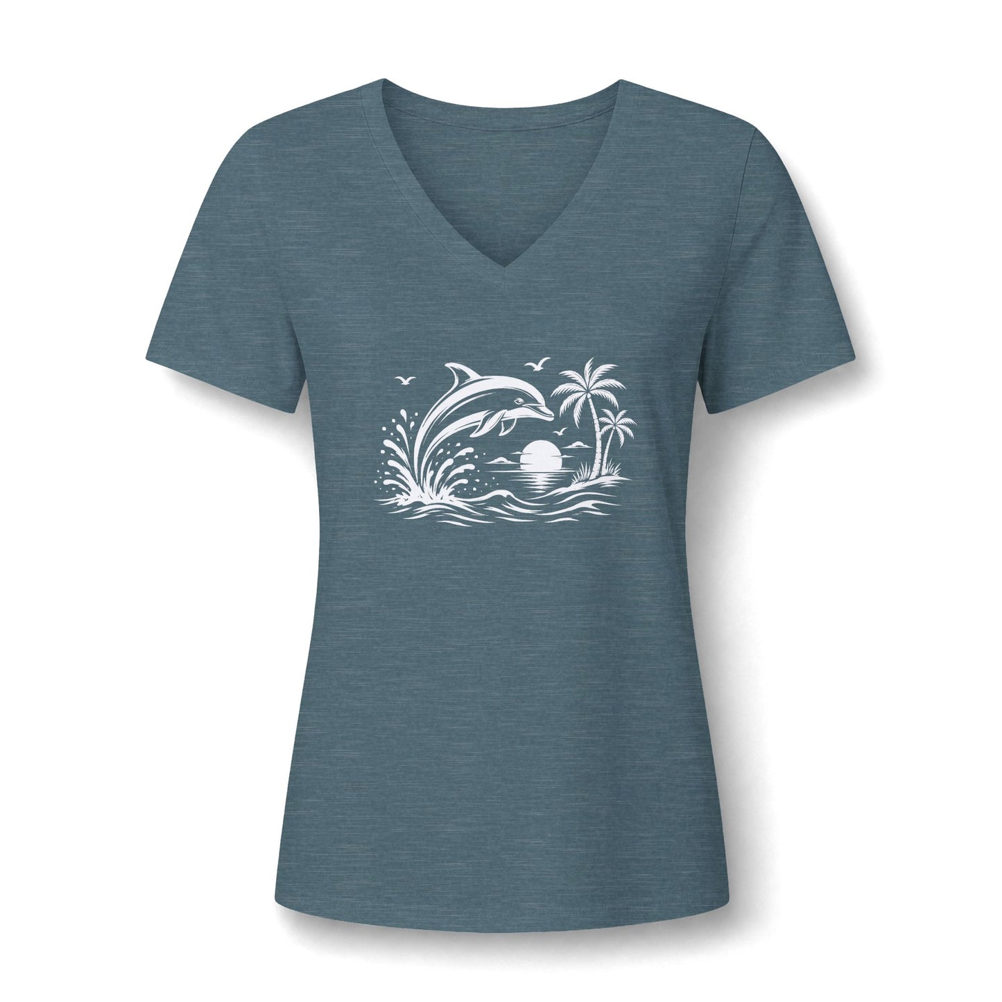 Dolphin Beach Sunset Graphic-Women’s V‑Neck Tee