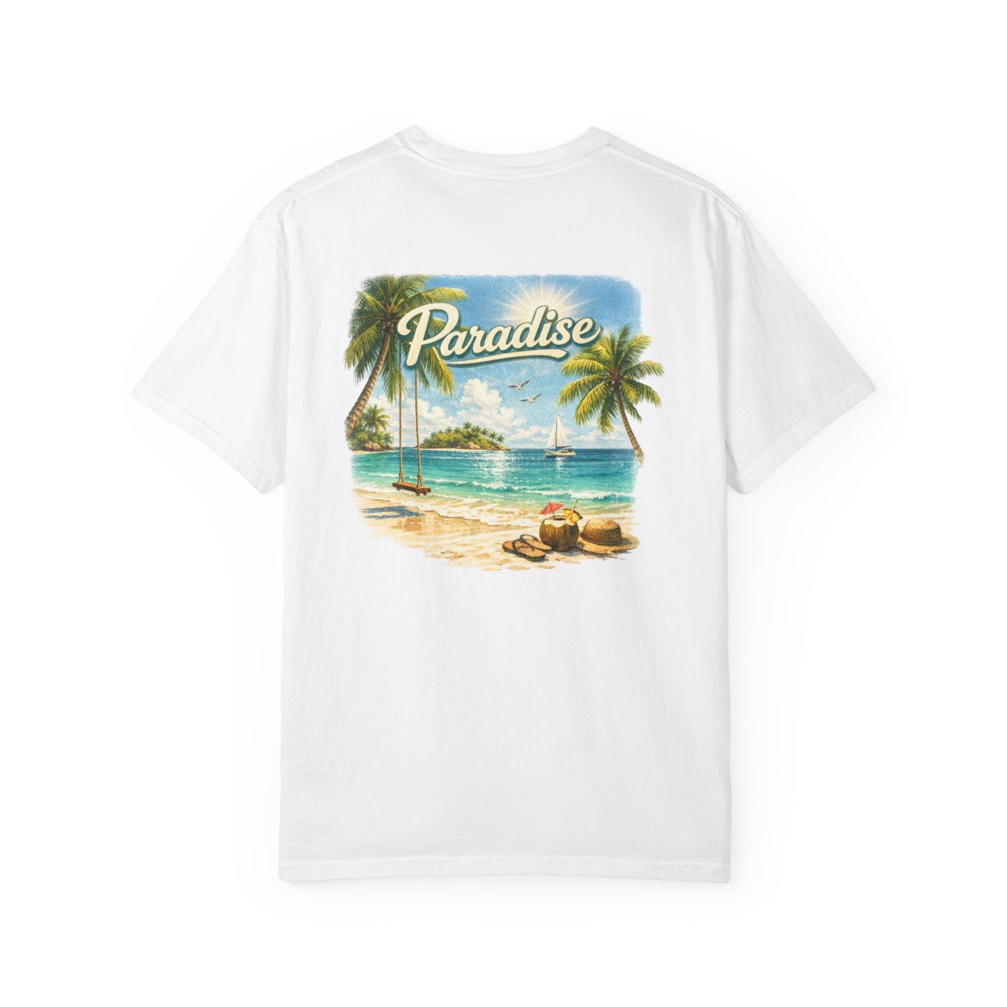 White t-shirt with a tropical beach graphic and 'Paradise' text on a white background