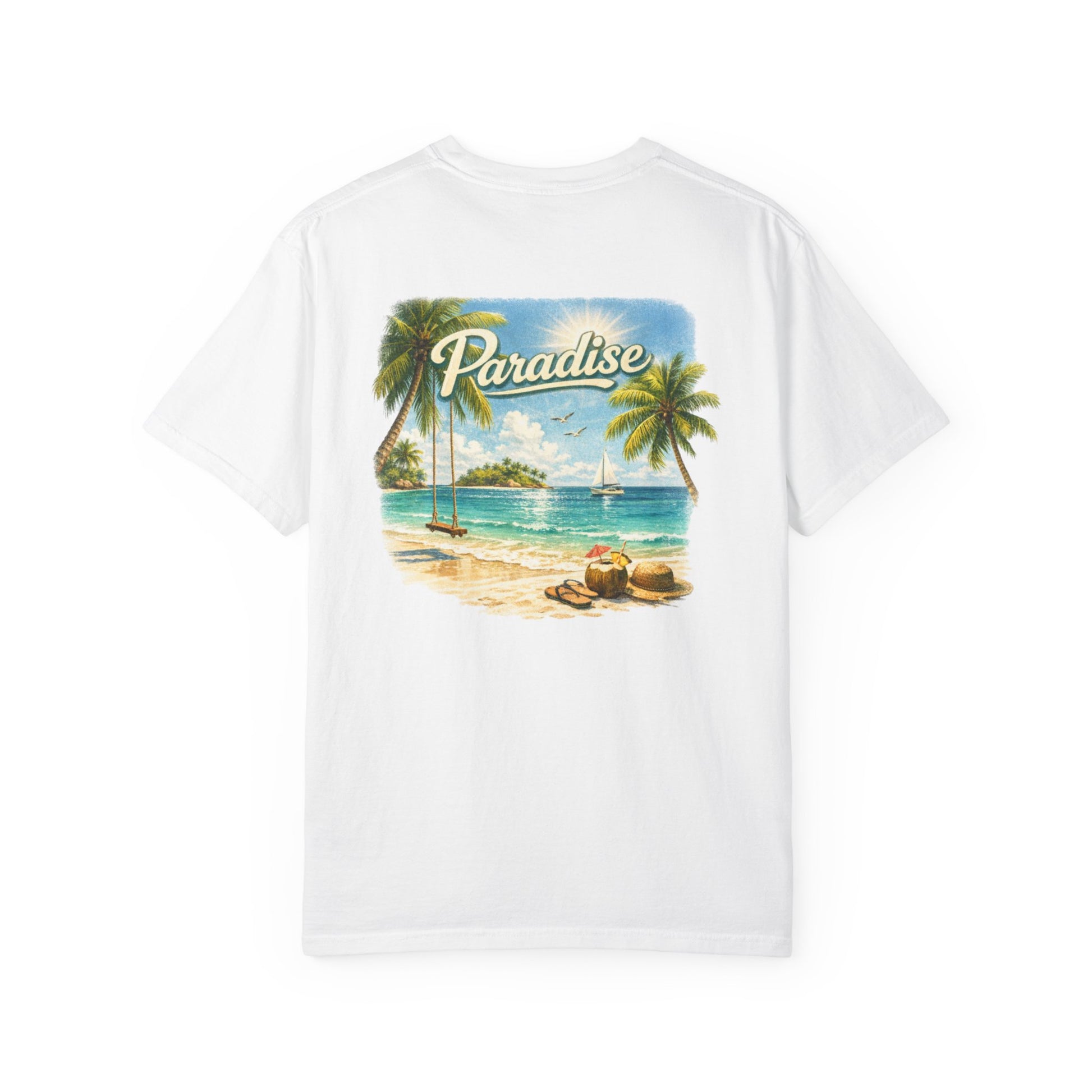 White t-shirt with a tropical beach graphic and 'Paradise' text on a white background