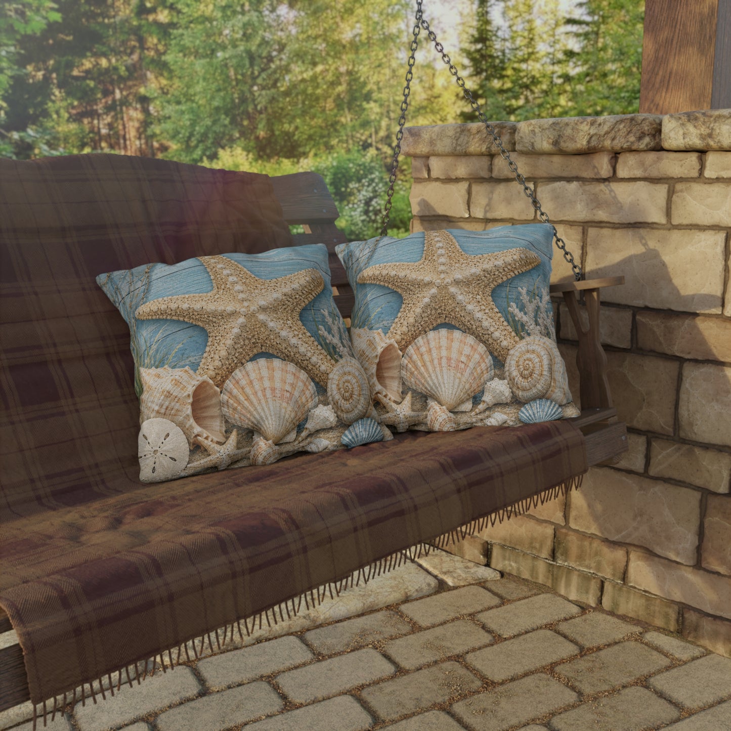 Coastal Starfish Outdoor Pillow — Beach Seashell Patio Cushion