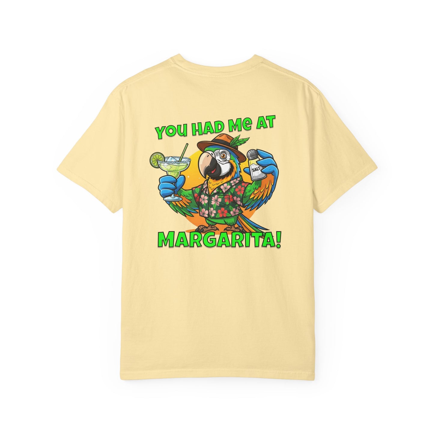 Yellow t-shirt with a parrot graphic and text on a white background