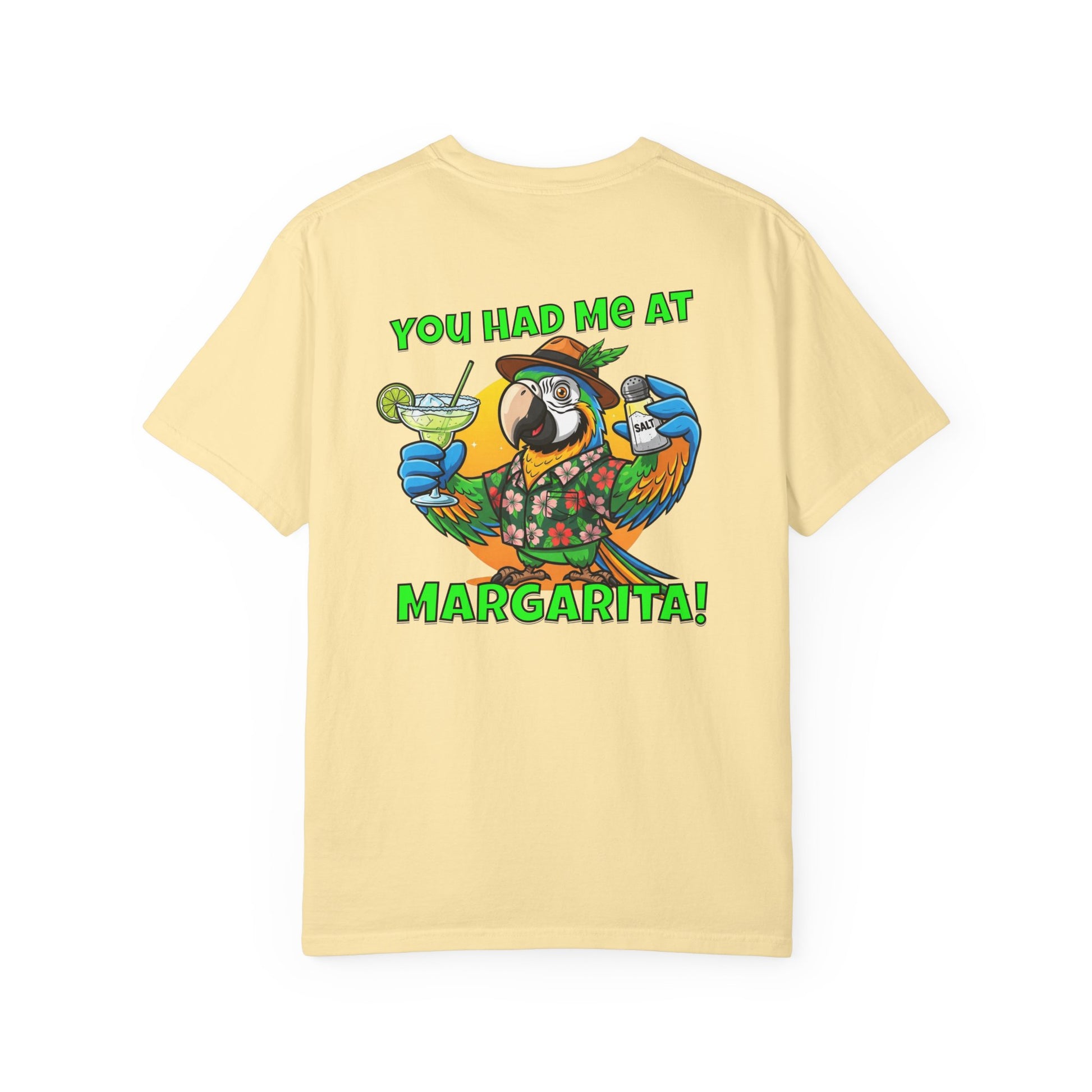 Yellow t-shirt with a parrot graphic and text on a white background