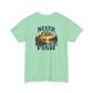 A mint green short-sleeve t-shirt with a vintage-style back graphic that reads 'NEVER TOO OLD FISH' around a sunset lake and pine tree illustration, shown on a plain white background.