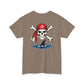 Brown t-shirt with a skull and crossbones design featuring a shark and red bandana on a white background.
