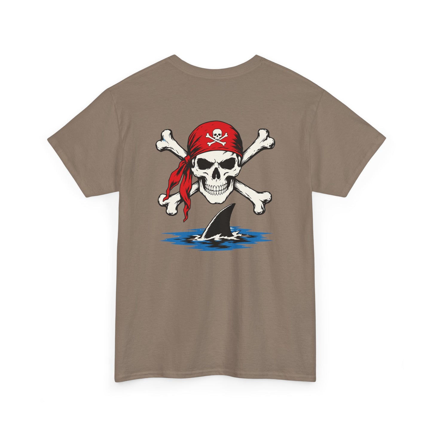 Brown t-shirt with a skull and crossbones design featuring a shark and red bandana on a white background.