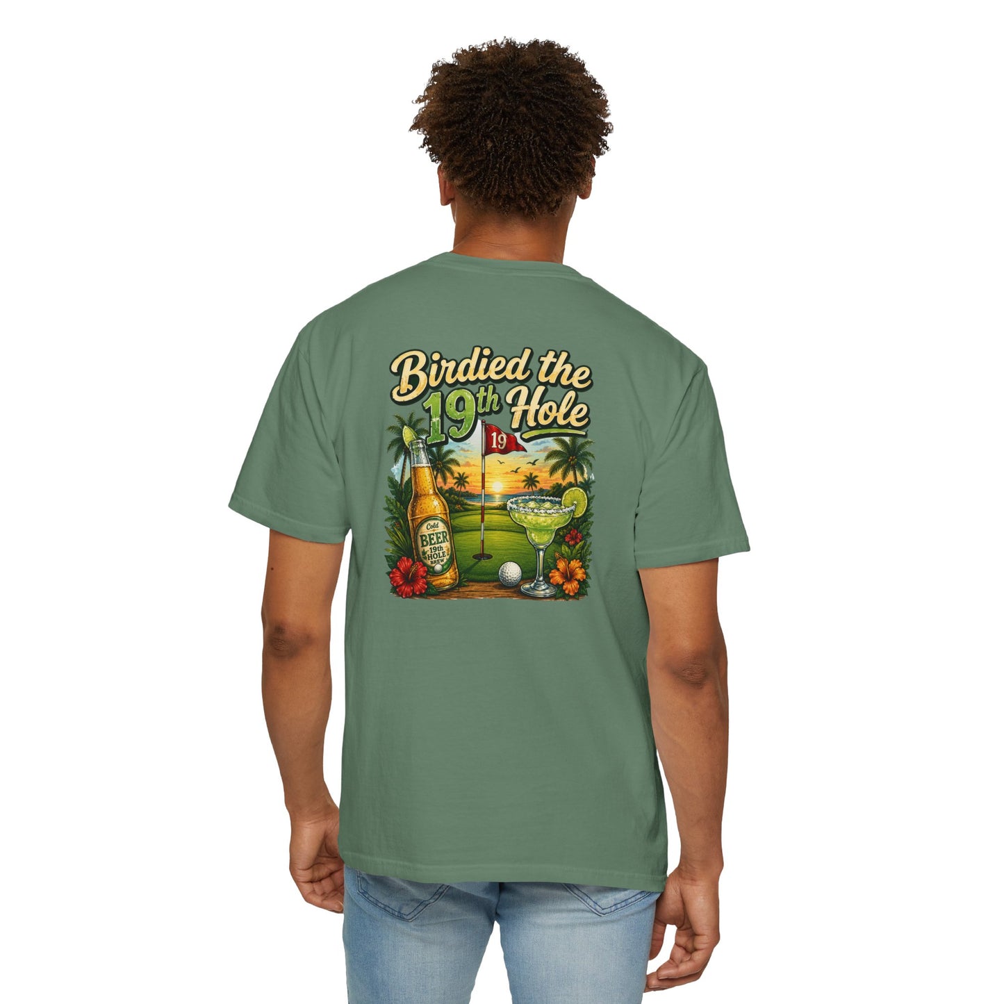 Golf T-Shirt — 'Birdied the 19th Hole' Tropical Golf Beer Design