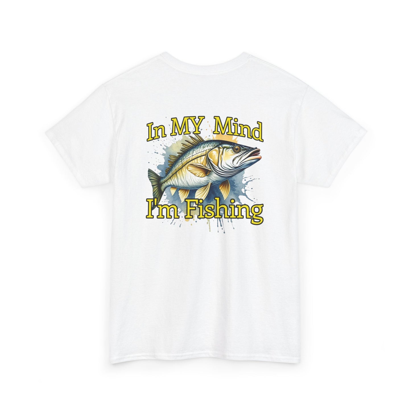 White t-shirt with a fish graphic and 'In My Mind I'm Fishing' text on a white background