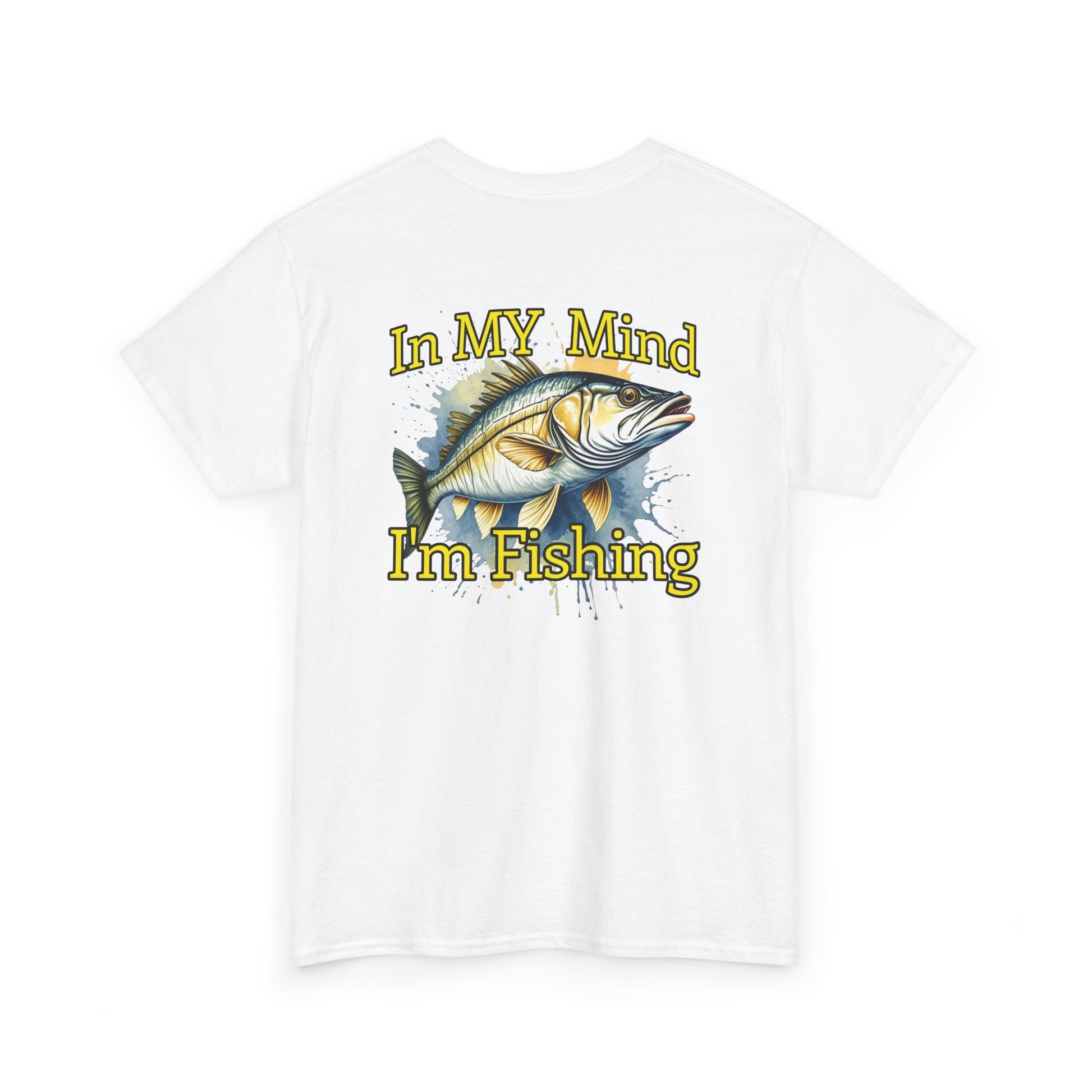 White t-shirt with a fish graphic and 'In My Mind I'm Fishing' text on a white background