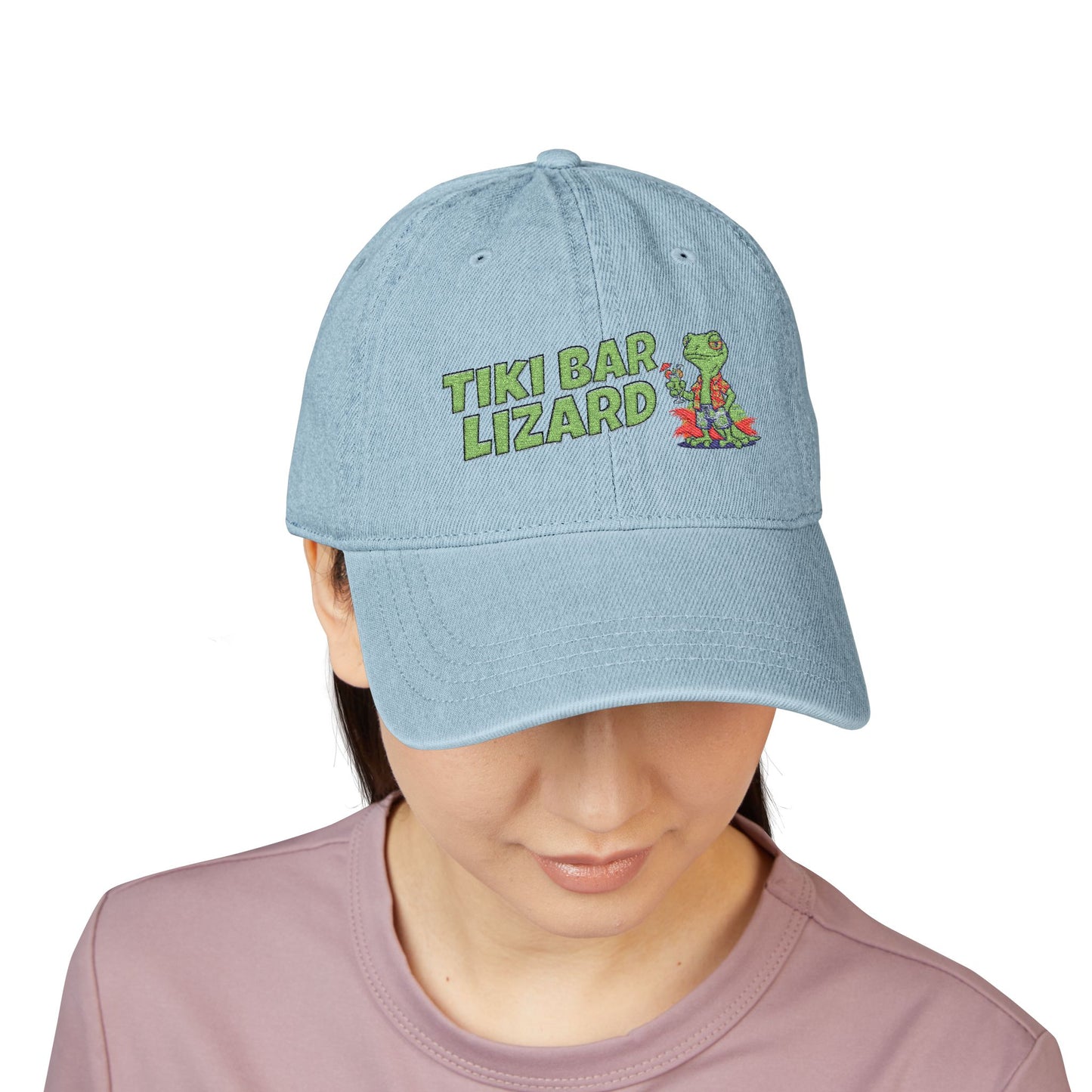 Tiki Bar Lizard Embroidered Denim Hat - Tropical Lizard Baseball Cap