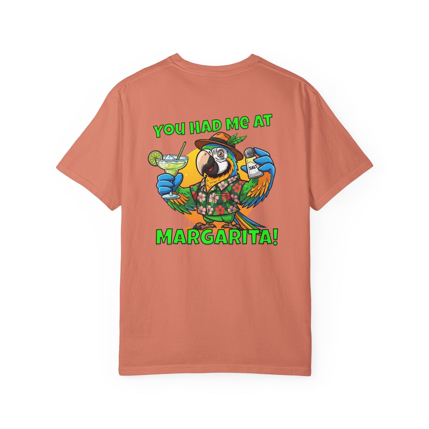 Coral t-shirt with a parrot graphic and text on the back, on a white background