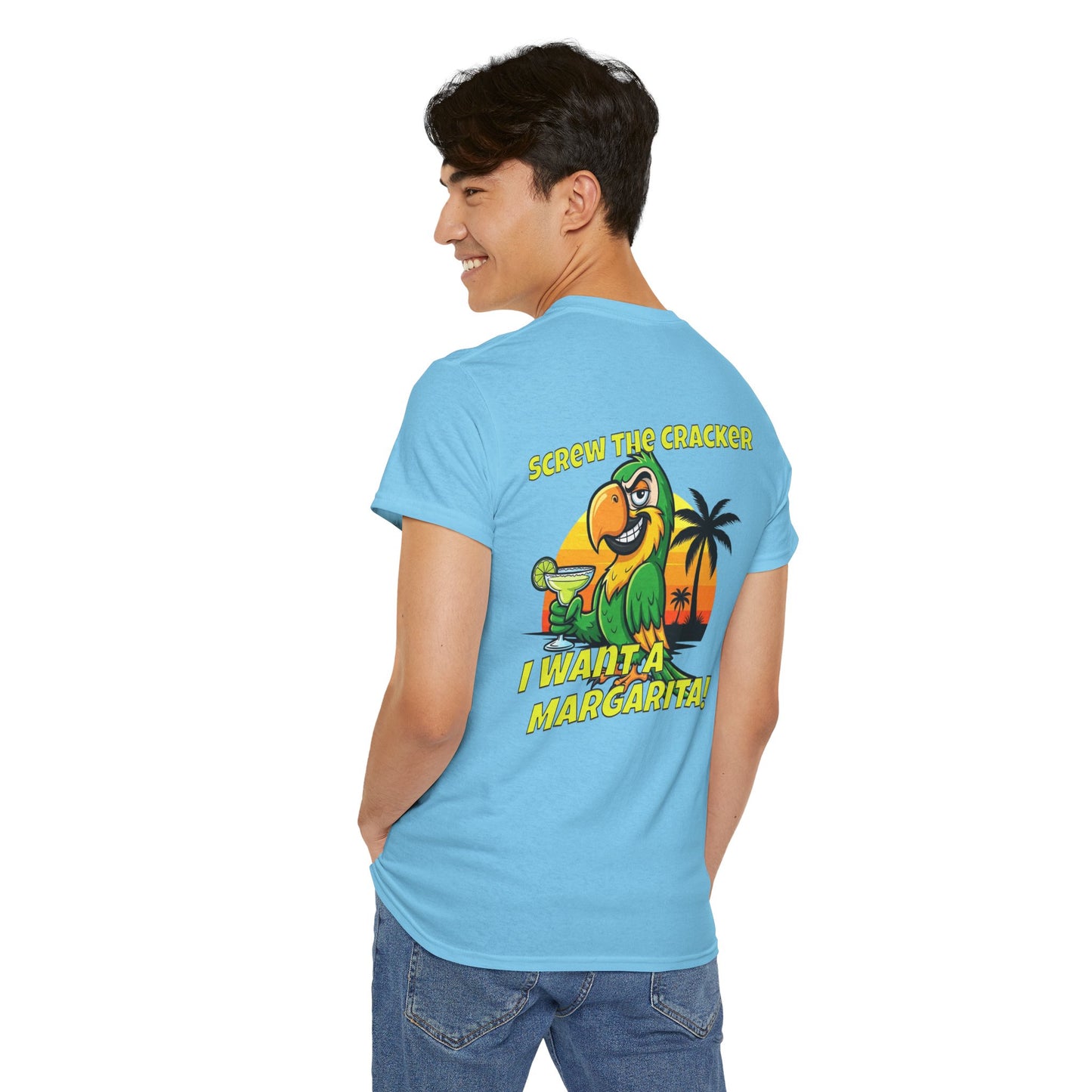 Screw the Cracker I Want a Margarita" T-Shirt Tropical Parrot Cocktail Tee