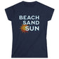 Navy blue t-shirt with 'Beach Sand Sun' text and sun graphic on a white background