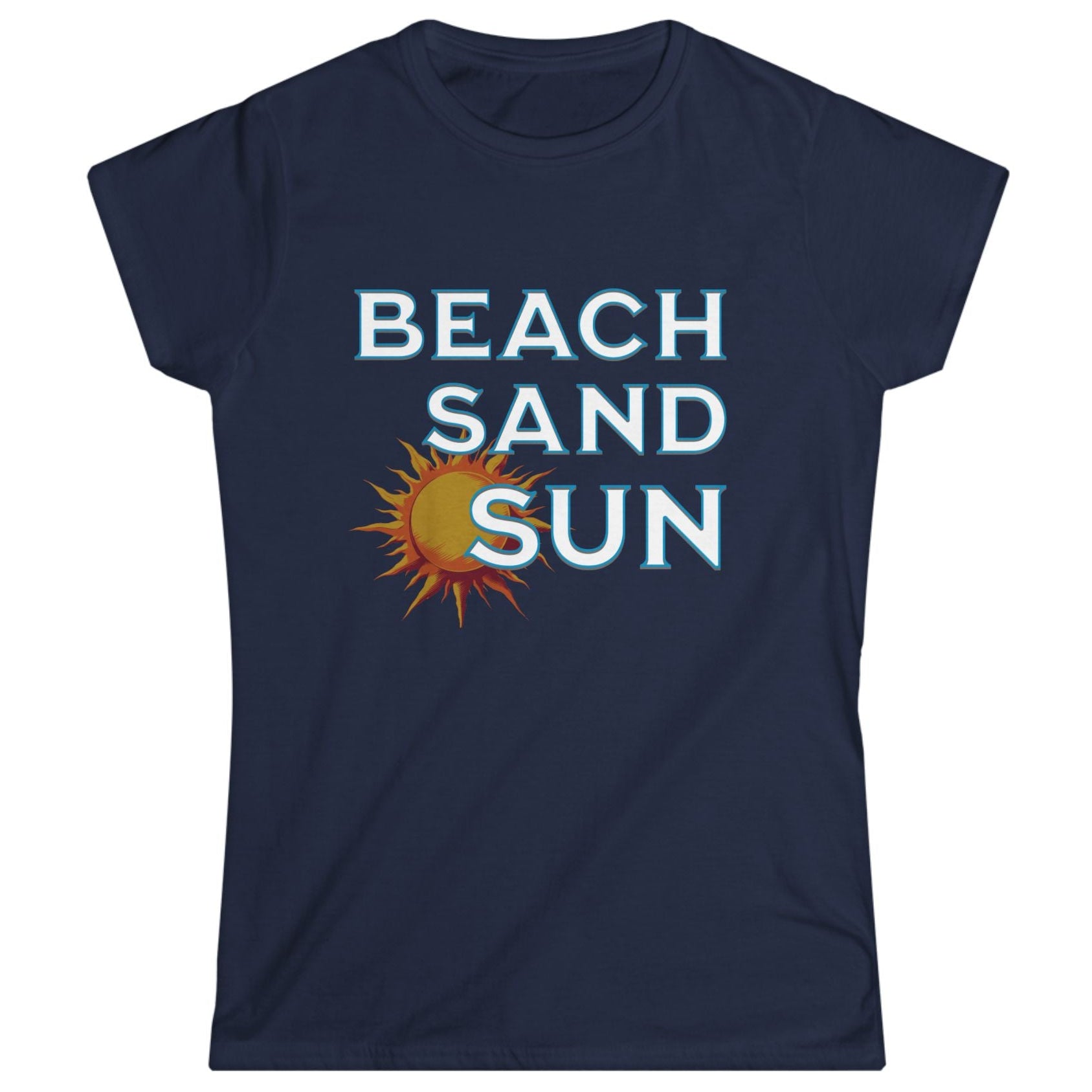 Navy blue t-shirt with 'Beach Sand Sun' text and sun graphic on a white background