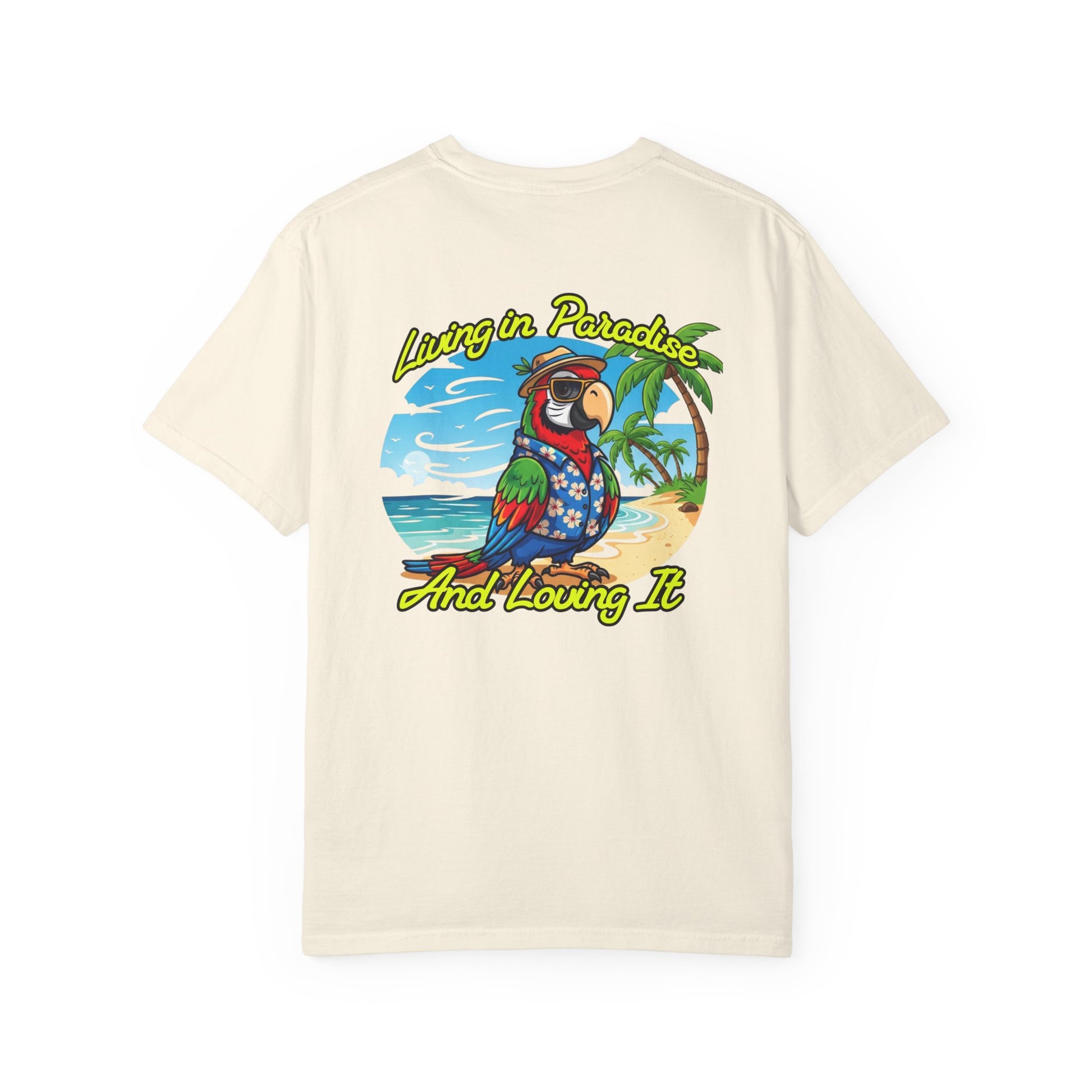 Beige t-shirt with a colorful parrot graphic and text on a white background