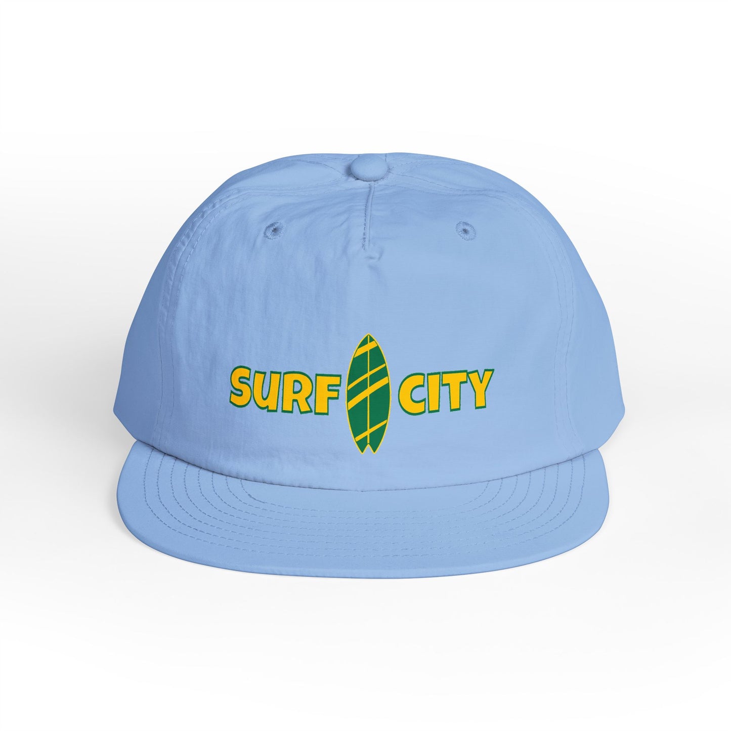 Light blue cap with 'Surf City' text and surfboard graphic on a white background