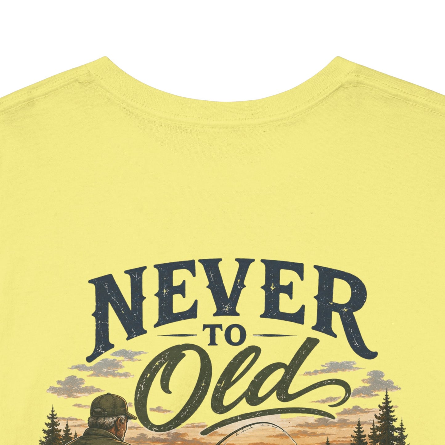 T-Shirt — "Never Too Old to Fish" Fishing Tee (Sunset Lake Design)