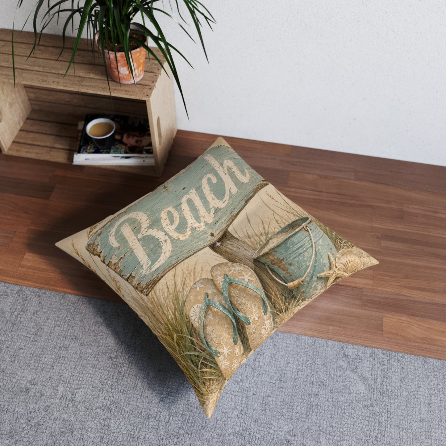 Square beach-themed floor pillow set, teal “Beach” lettering on beige with sandals graphic