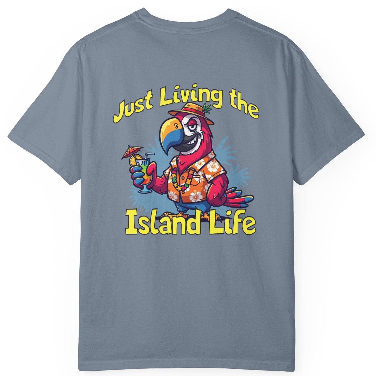 Gray t-shirt with a colorful parrot graphic and text 'Just Living the Island Life' on a white background