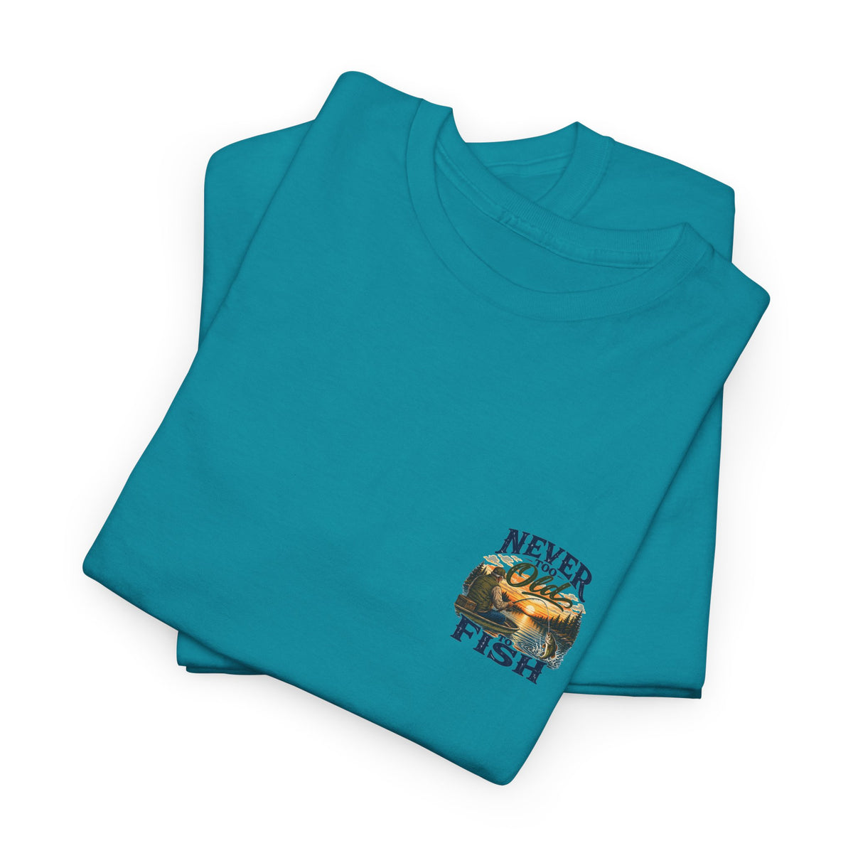 T-Shirt — "Never Too Old to Fish" Fishing Tee (Sunset Lake Design)