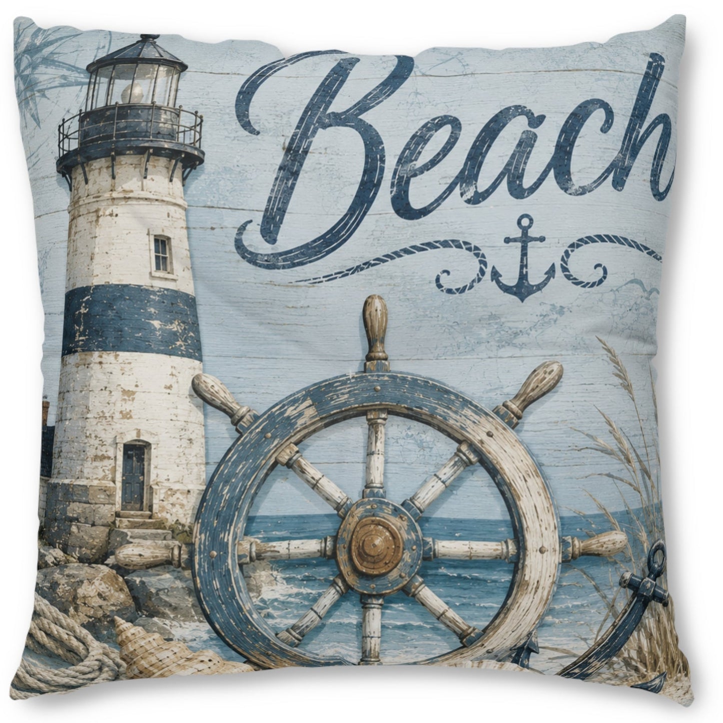 A square decorative throw pillow featuring a nautical beach-themed print with a lighthouse, ship's wheel, rope, anchor, and the word 'Beach' in large script on a light blue background.