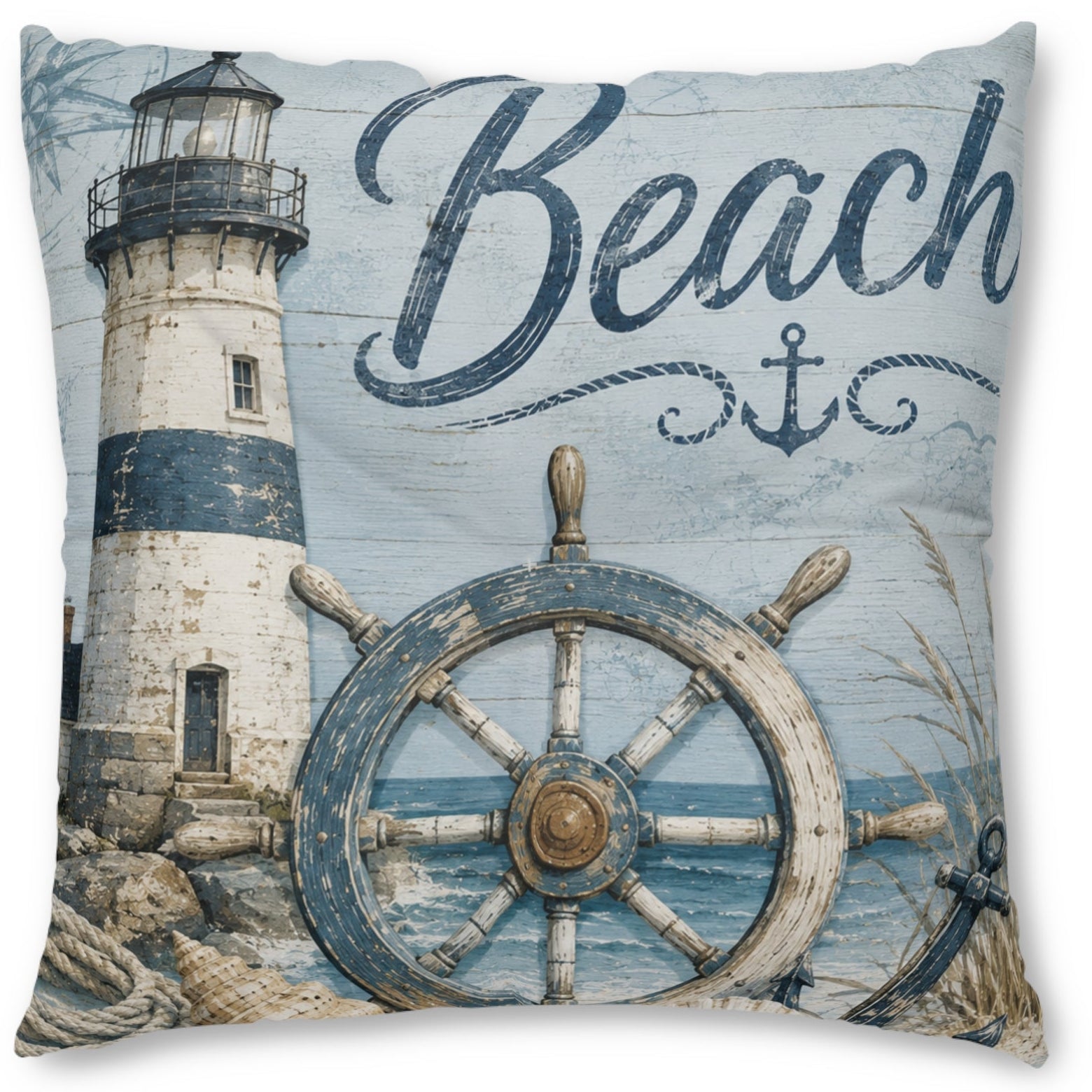 A square decorative throw pillow featuring a nautical beach-themed print with a lighthouse, ship's wheel, rope, anchor, and the word 'Beach' in large script on a light blue background.