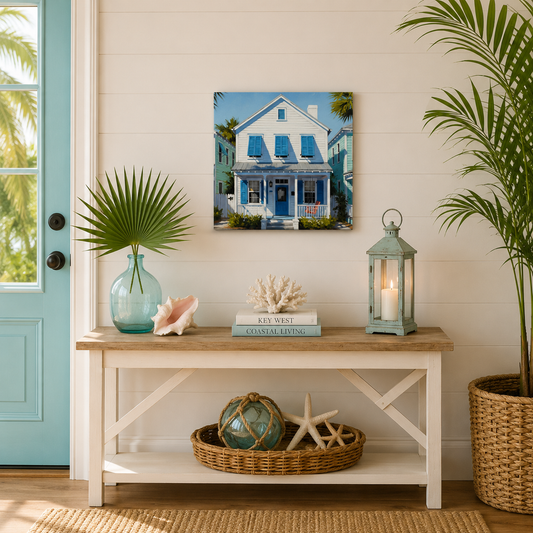 Nautical-themed decor in a room with a bench, plants, and a painting of a house.