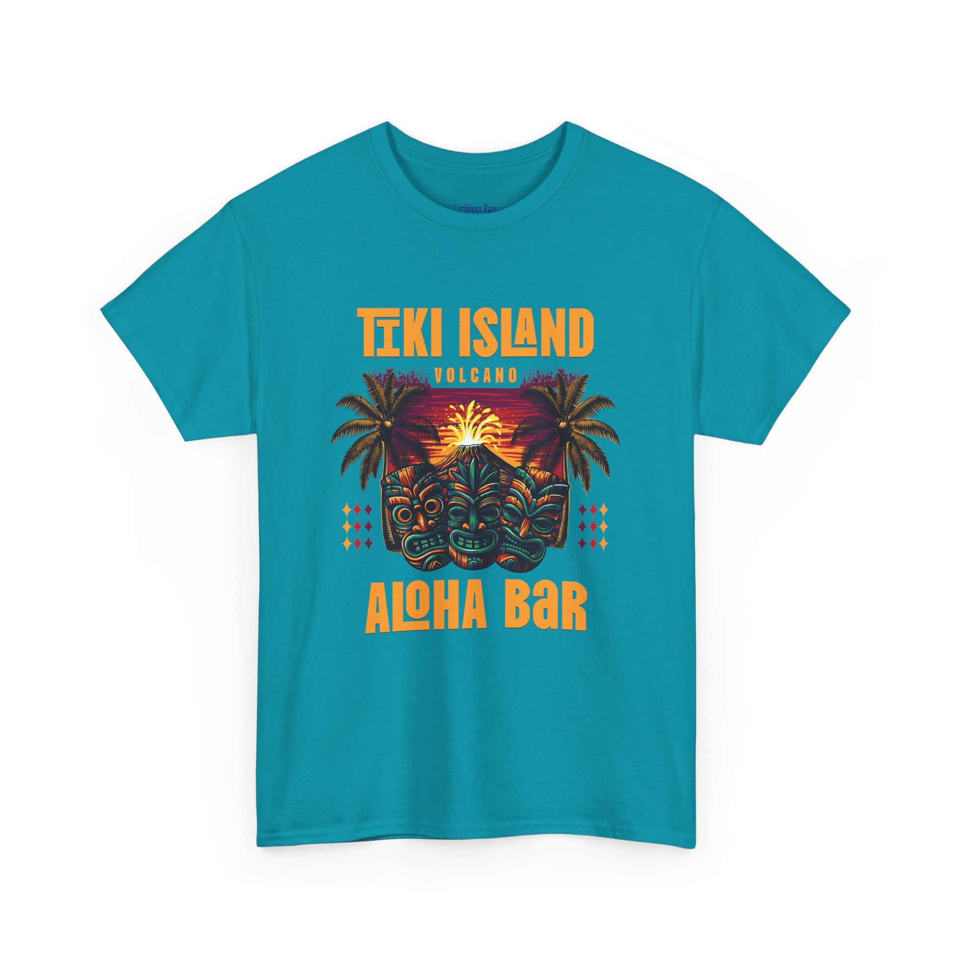 Blue t-shirt with Tiki Island and Aloha Bar design on a white background  at Caribbean Rays