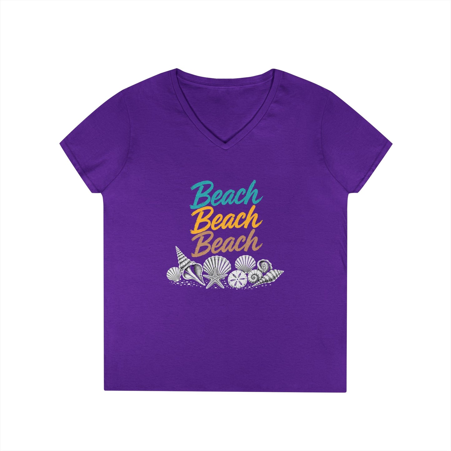 Beach Beach Beach Script V-Neck Tee — Women’s Casual Coastal T-Shirt