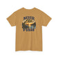 A tan short-sleeve t-shirt with a vintage-style graphic on the chest that reads 'NEVER TOO OLD TO FISH' around a sunset lake scene with trees and a canoe.