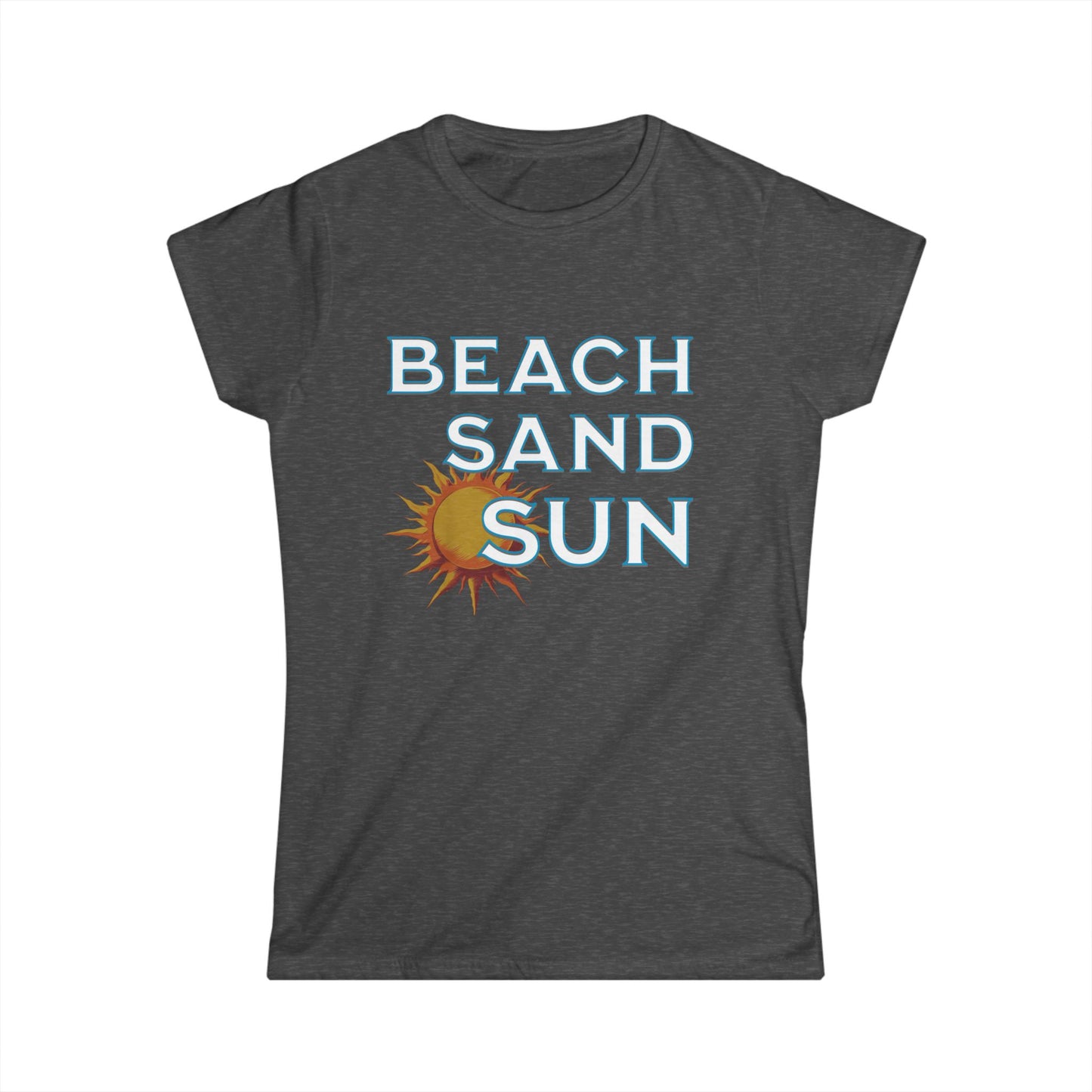 Dark gray t-shirt with 'Beach Sand Sun' text and sun graphic on a white background