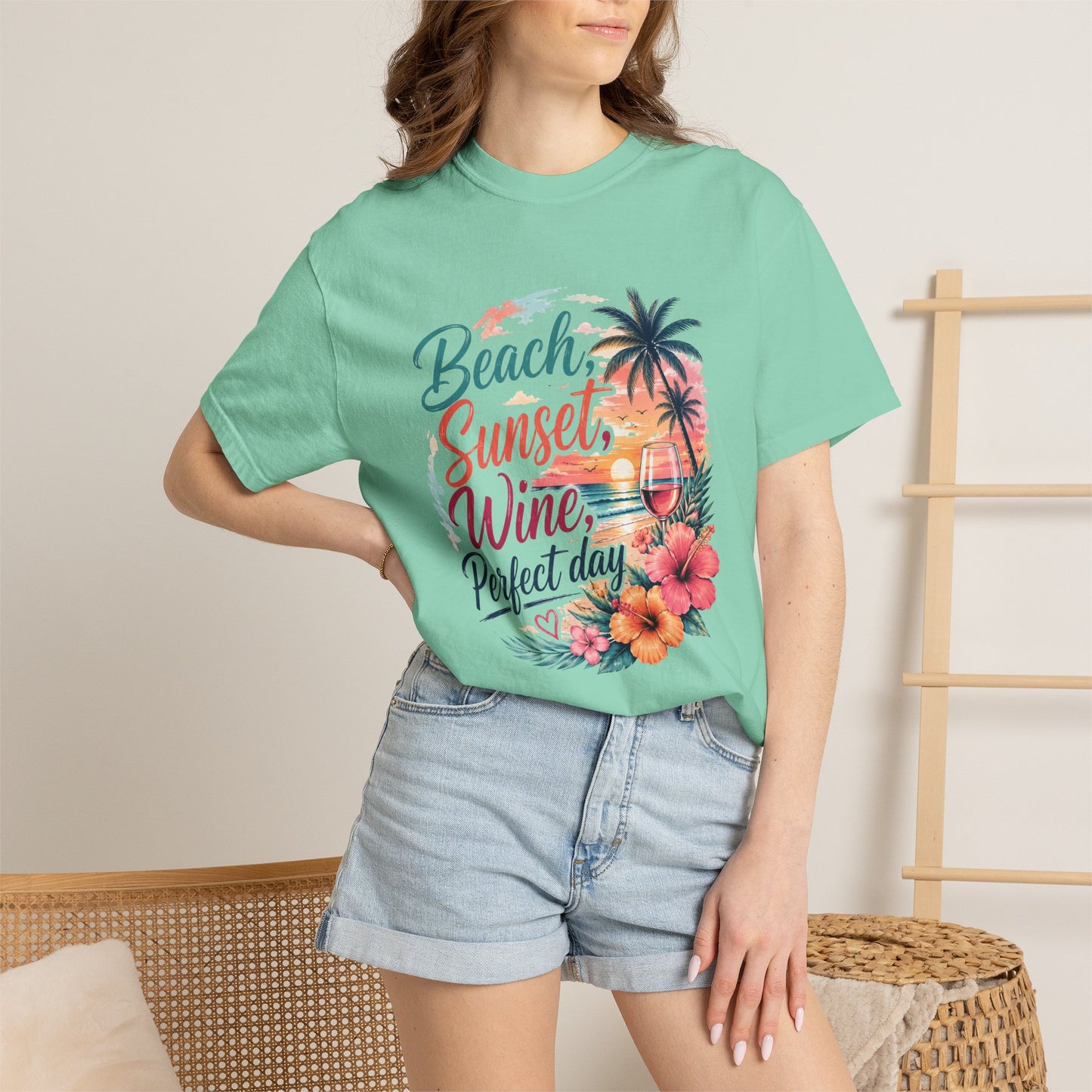 Beach Sunset Wine T-Shirt — "Beach, Sunset, Wine, Perfect Day" Tropical Graphic Tee