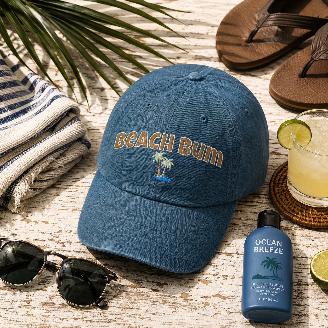 Beach Bum Embroidered Denim Hat — Casual Palm Tree Cap