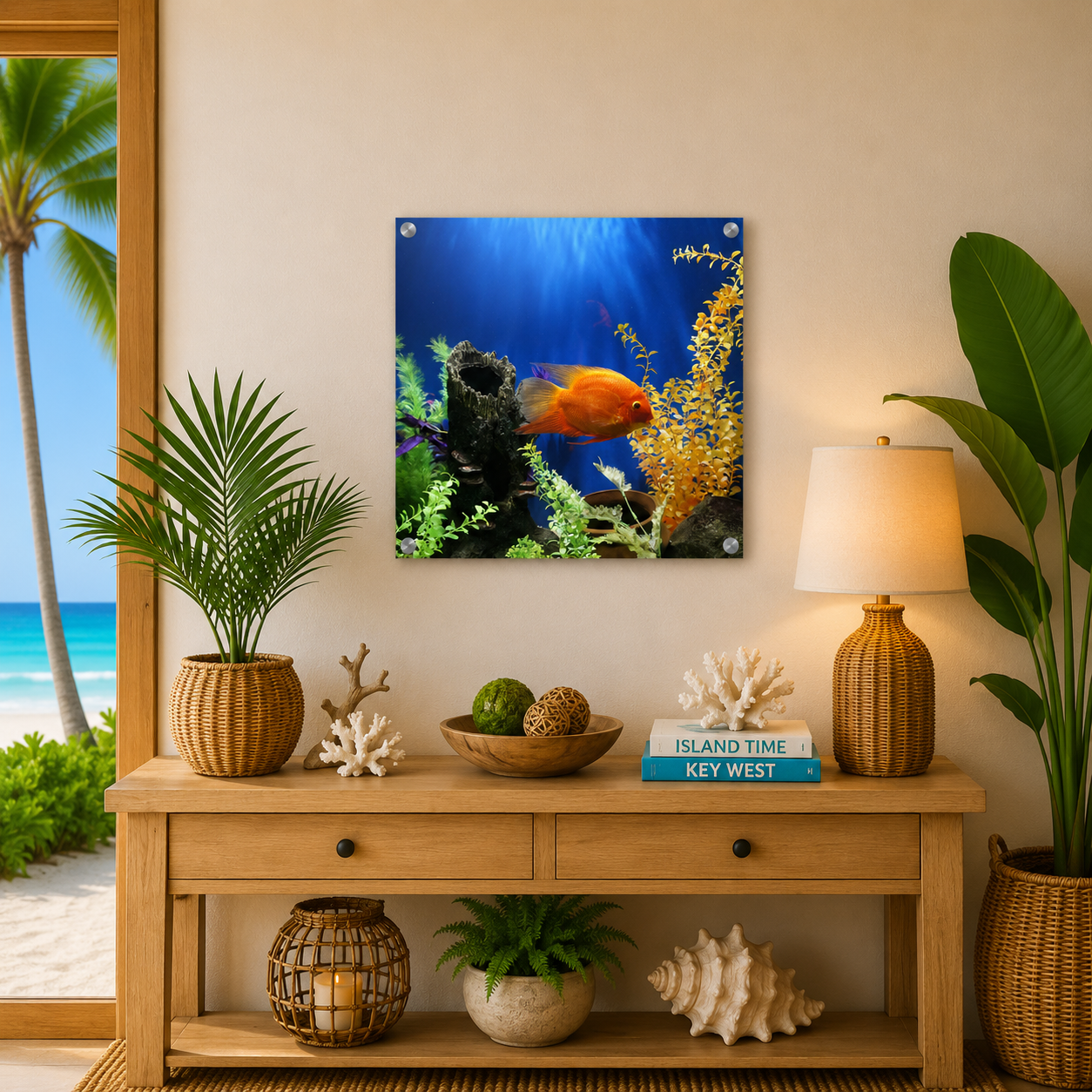 Decorative living room with a console table, plants, and a framed aquarium picture.