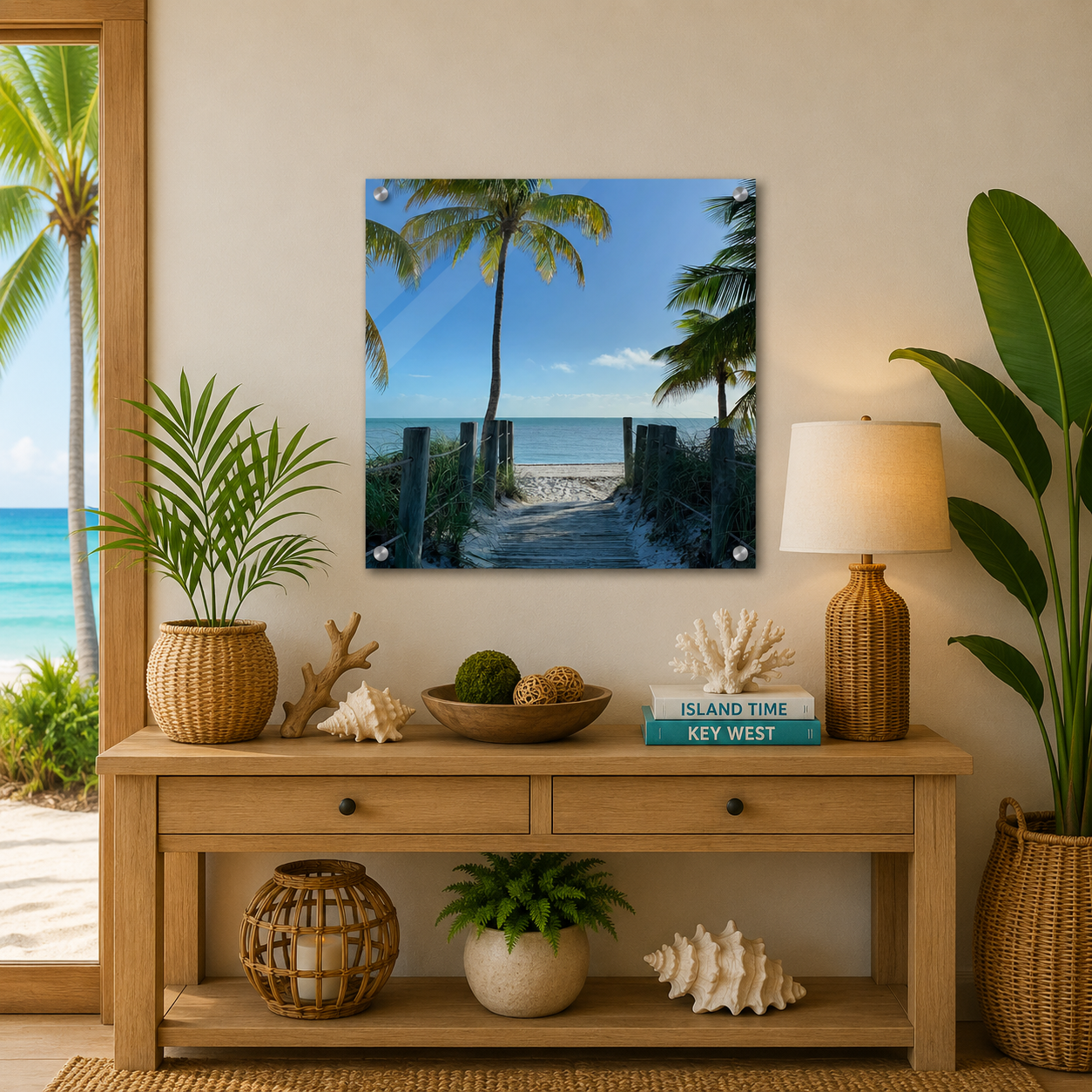 Nautical-themed decor with a wooden console table, plants, and a beach scene painting.