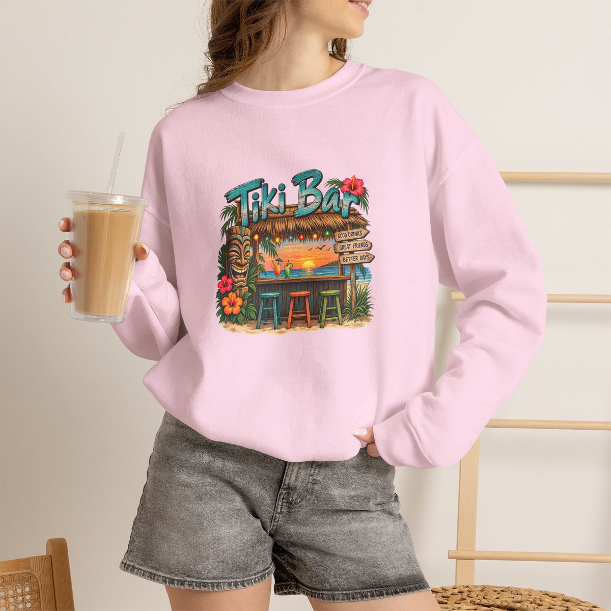 Tiki Bar Crewneck Sweatshirt — Retro Tropical Sunset Design