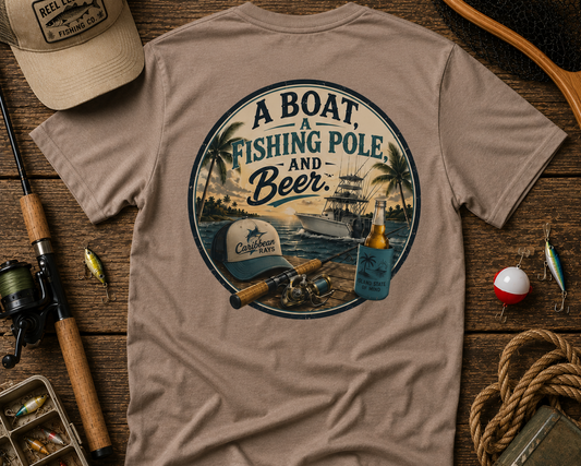 T-Shirt — "A Boat, Fishing Pole and Beer" Vintage Fishing Graphic Tee