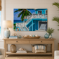 Living room with a wooden console table, decorative items, and a large beach scene painting.