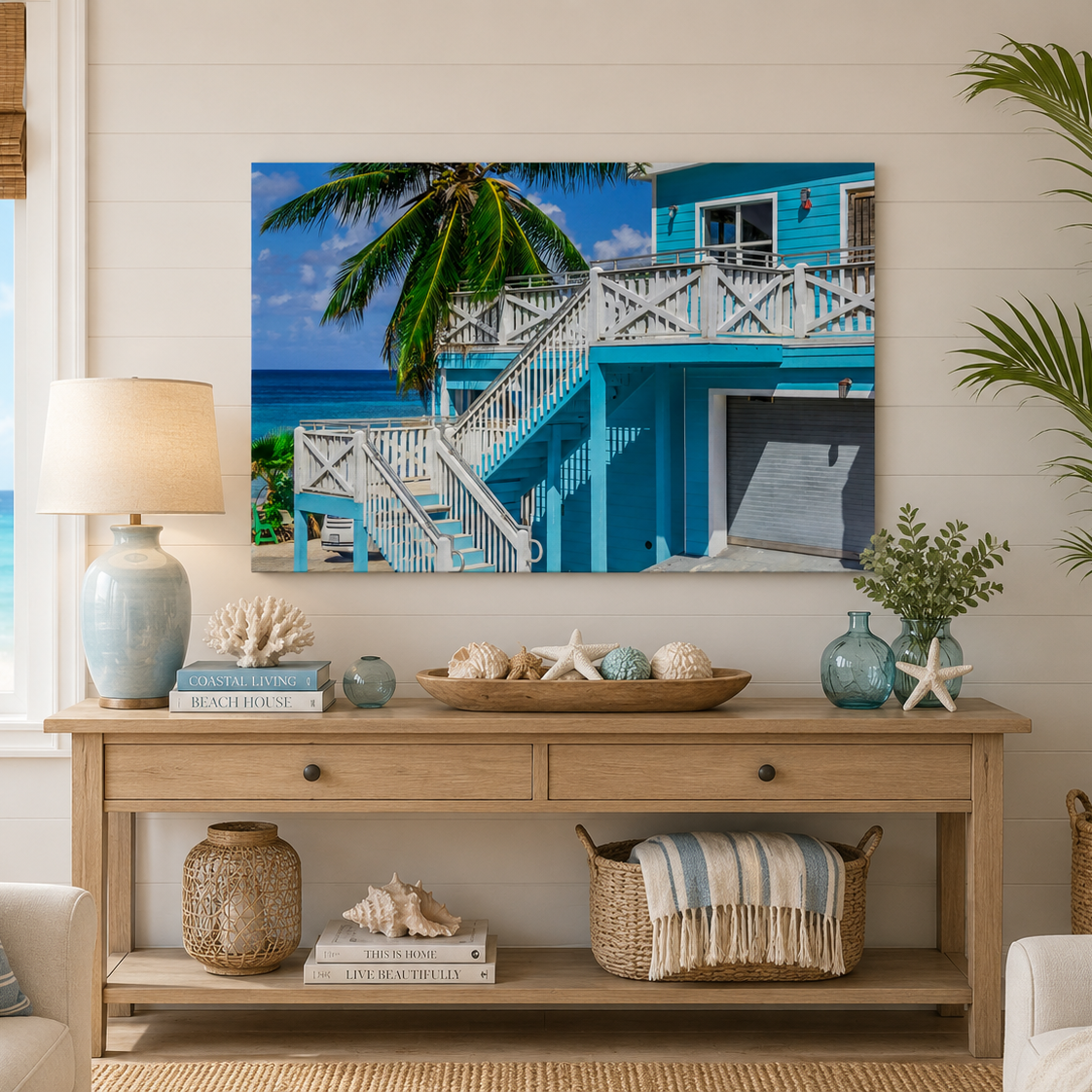 Living room with a wooden console table, decorative items, and a large beach scene painting.