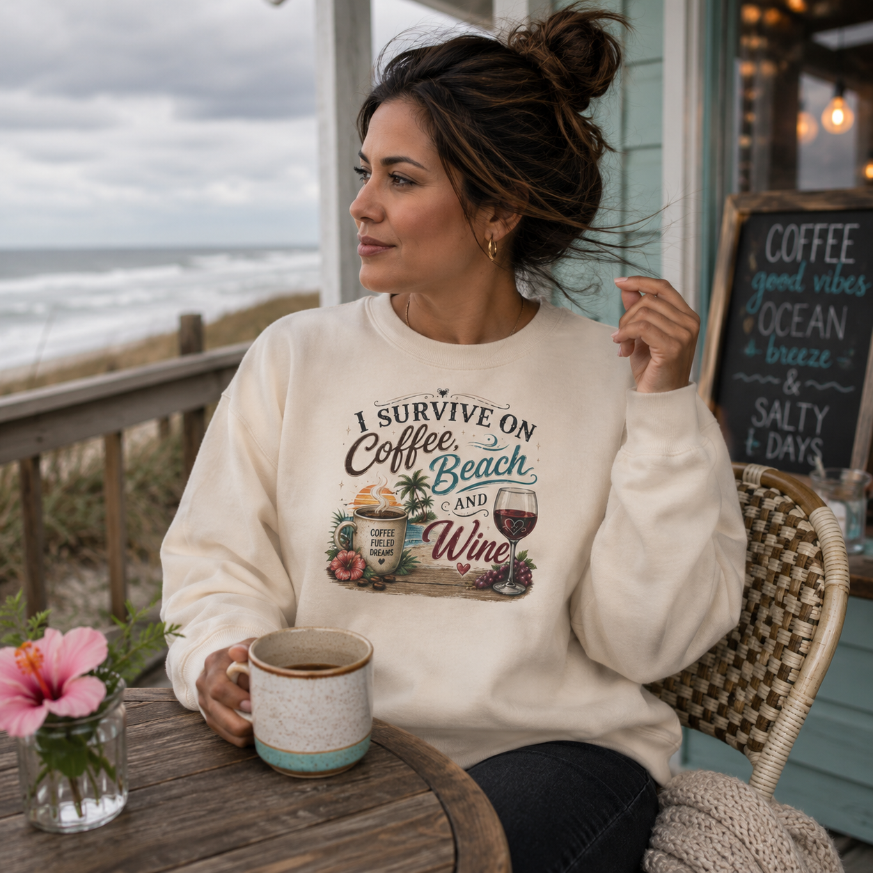 Coffee Beach and Wine Sweatshirt — I Survive on Coffee, Beach & Wine Crewneck