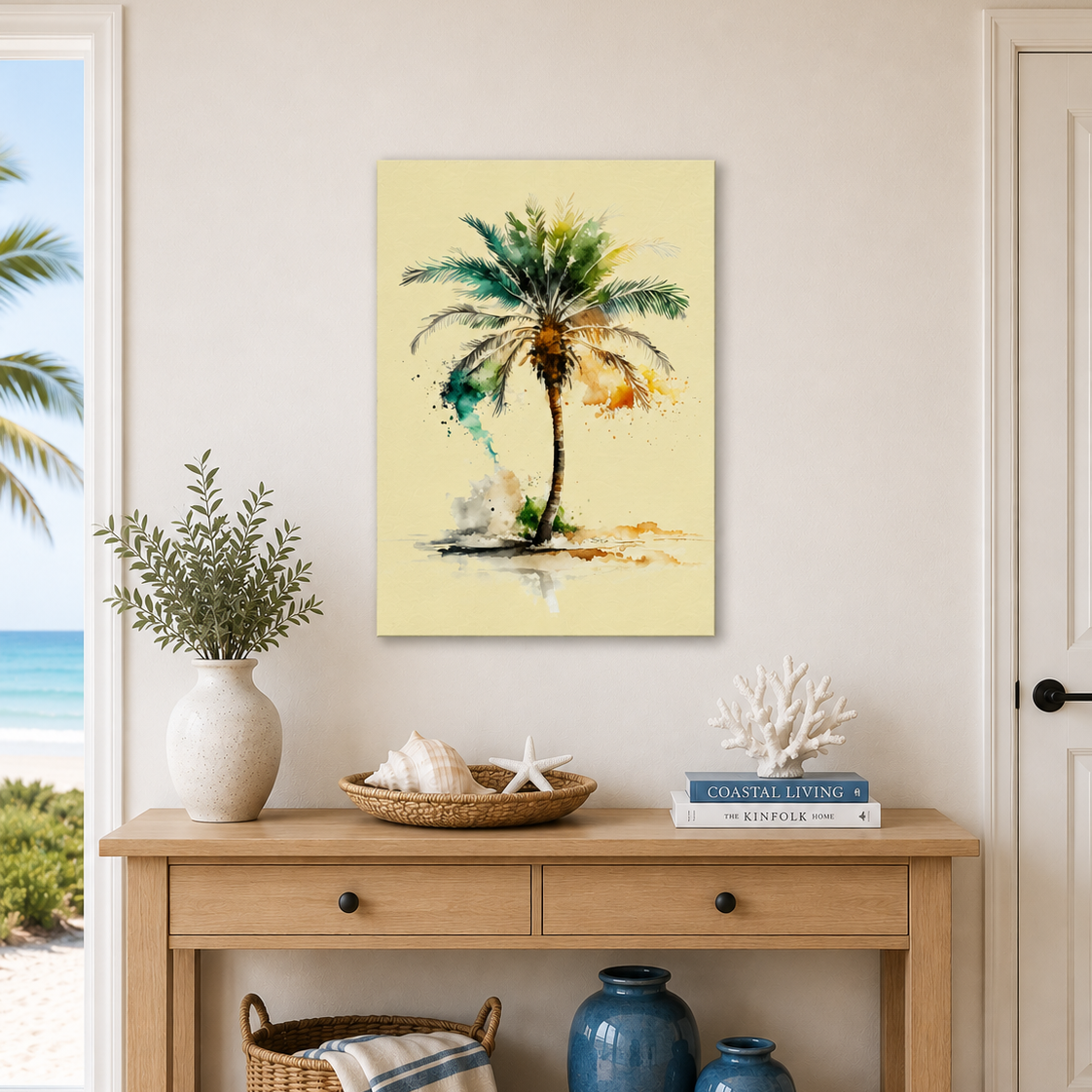 Nautical-themed room with a wooden console table, decorative items, and a palm tree painting.