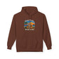 A brown pullover hoodie with a colorful graphic on the chest depicting bottles and a sunset, with the text 'Great Minds Drink A Like' written around the design.