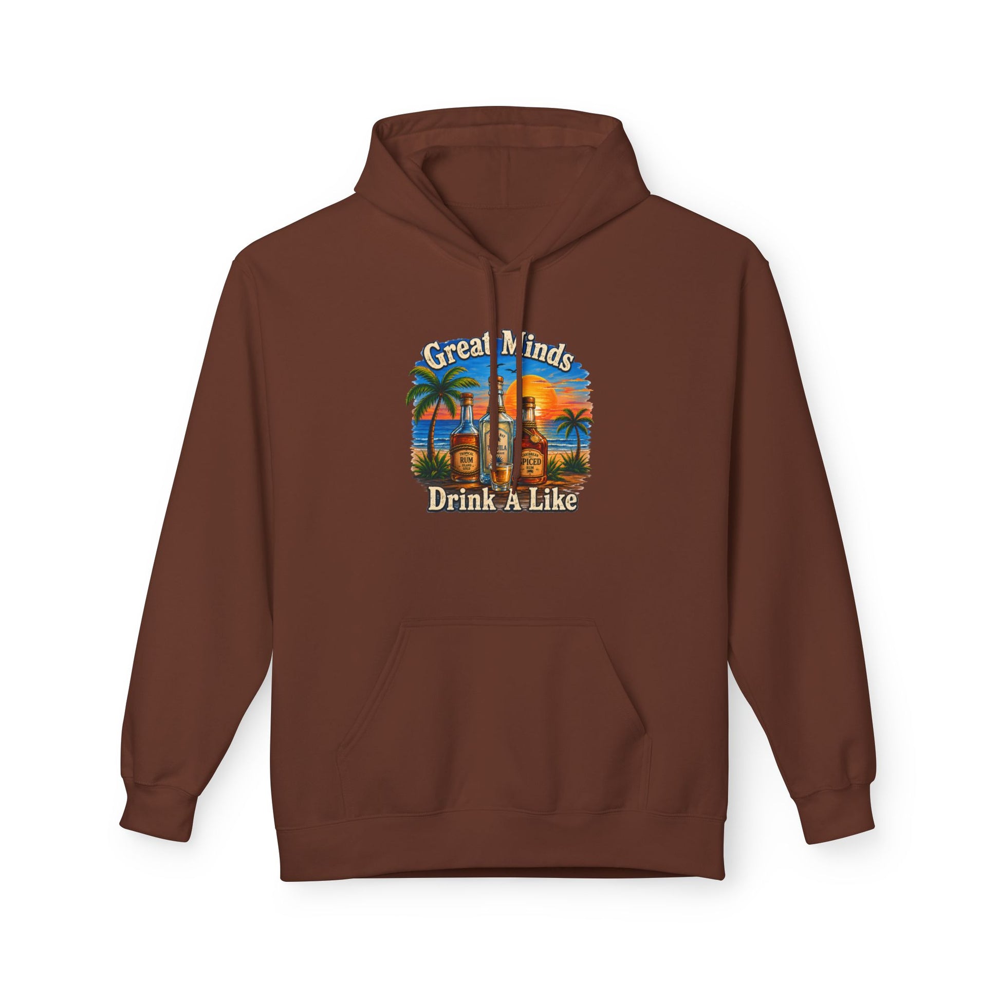 A brown pullover hoodie with a colorful graphic on the chest depicting bottles and a sunset, with the text 'Great Minds Drink A Like' written around the design.
