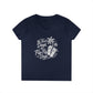 Women’s v-neck t-shirt in navy with beach graphic of flip flops and palms