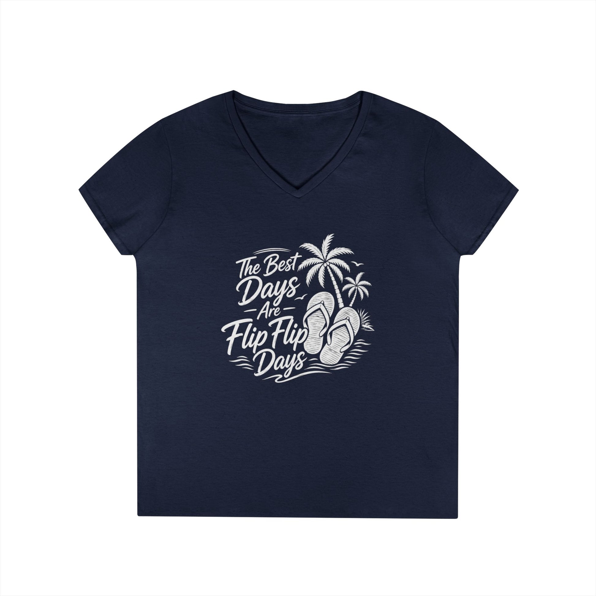 Women’s v-neck t-shirt in navy with beach graphic of flip flops and palms