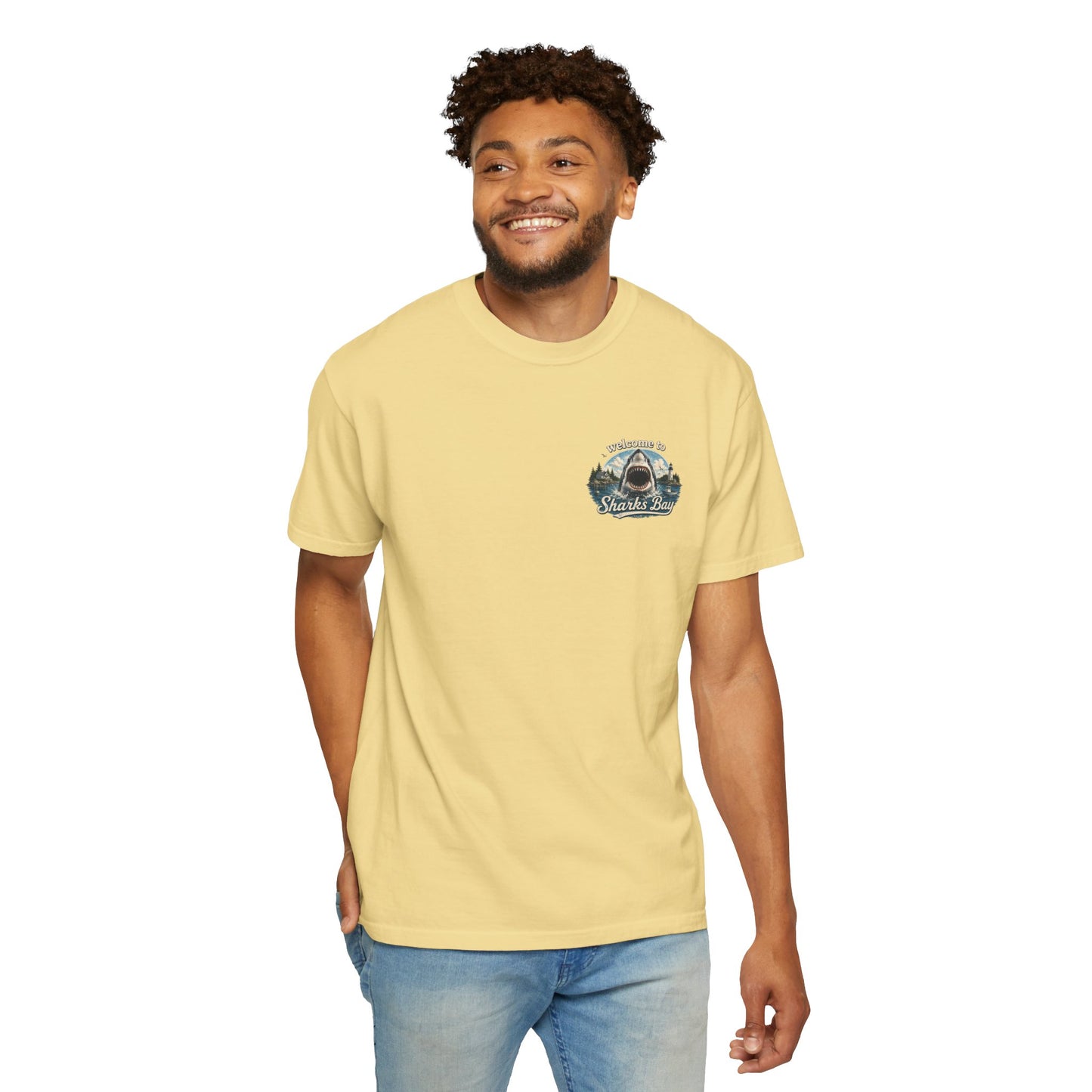 Sharks Bay T-Shirt — "Welcome to Sharks Bay" Vintage Shark Graphic Tee